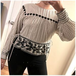 Zara Trafaluc Blouse Grid White Black Embroidered Side Tie Top Size Medium Fall